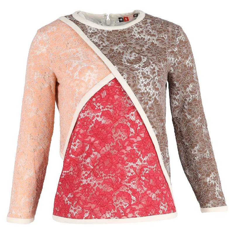 MSGM Lace Patchwork Long Sleeve T-Shirt in Multicolor Polyamide Front Pockets Side Pockets Patch Pockets