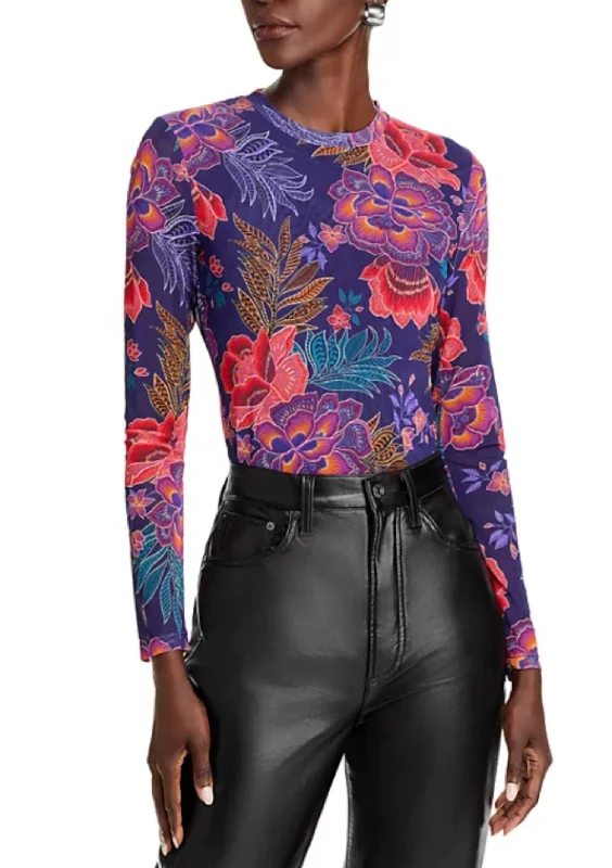 Natalie Long Sleeve Mesh Tee In Etta's Garden Graphic T-Shirt Round Neck Polyester