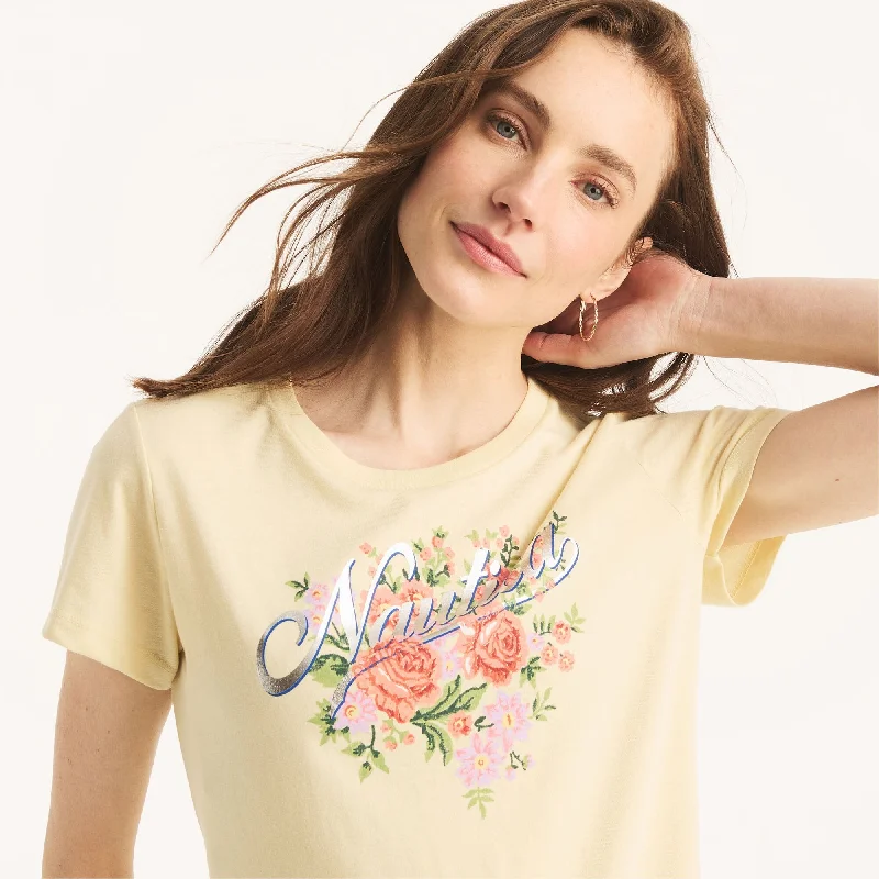 Nautica Womens Sustainably Crafted Floral Foil Logo Graphic T-Shirt Mesh Blend Leather Blend Suede Blend