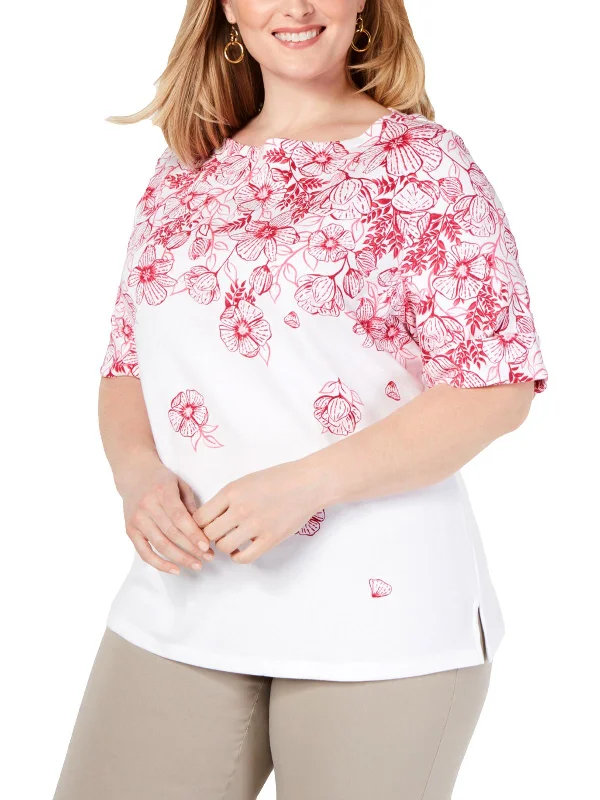 Plus Magnolia Womens Floral Cuffed-Sleeve T-Shirt Wool Fabric Cashmere Fabric Tweed Fabric