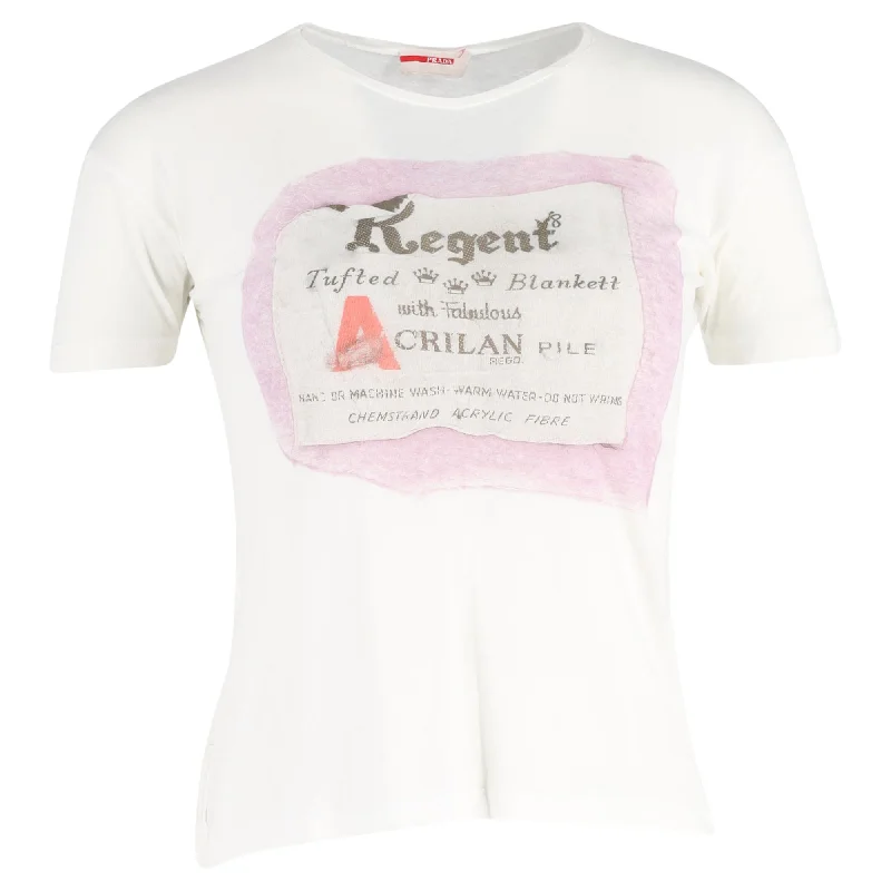 Prada Printed T-shirt in White Cotton Satin Blend Silk Blend Wool Blend