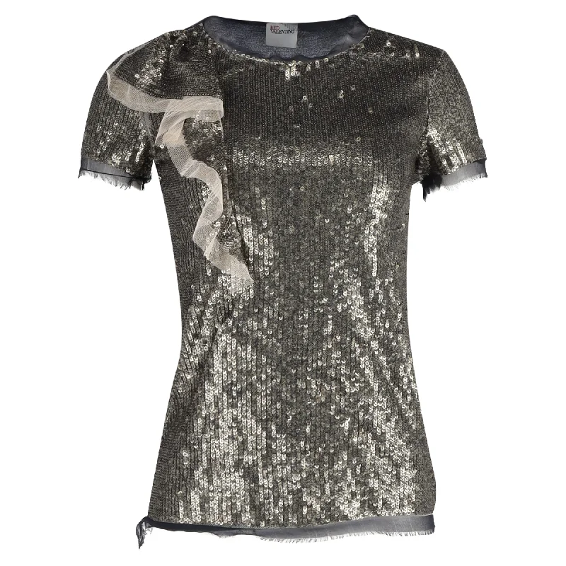 Red Valentino Ruffle Detail T-shirt in Silver Sequins Nylon Fabric Polyester Fabric Spandex Fabric
