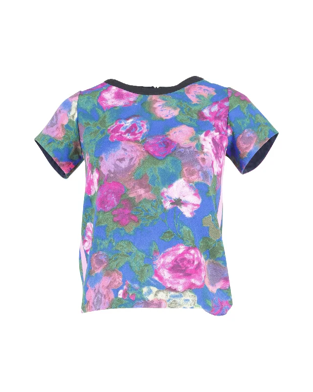 Sandro Paris Cut-Out T-Shirt in Floral Print Polyester Satin Fabric Silk Fabric Chiffon Fabric
