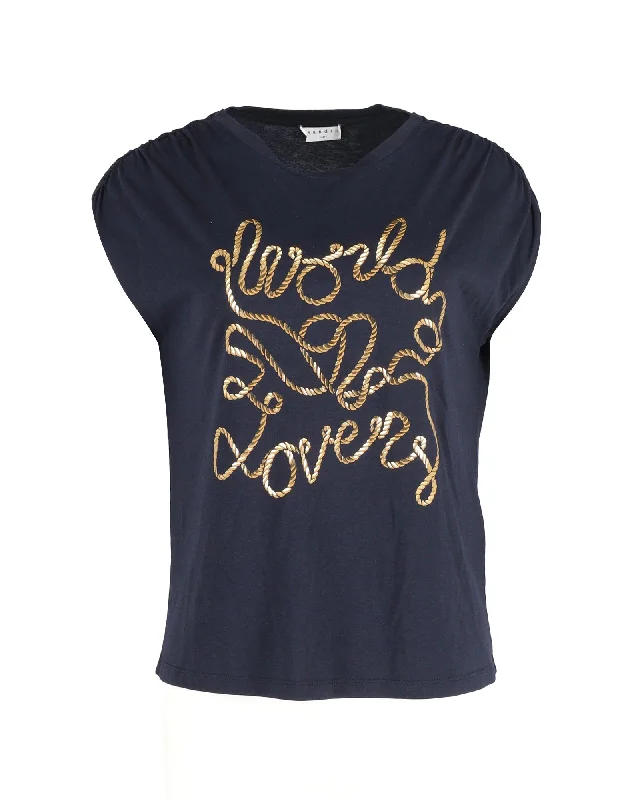 Sandro Paris World Lovers Print T-shirt in Navy Blue Modal Mesh Fabric Canvas Fabric Denim Fabric