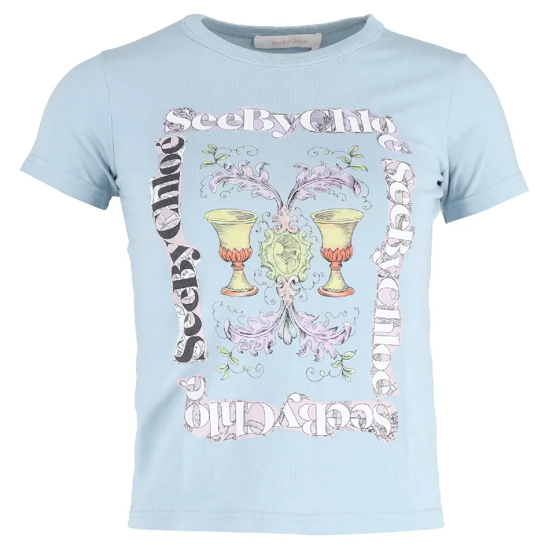 See by Chloé Graphic Print T-shirt in Light Blue Cotton Spandex Blend Rayon Blend Denim Blend