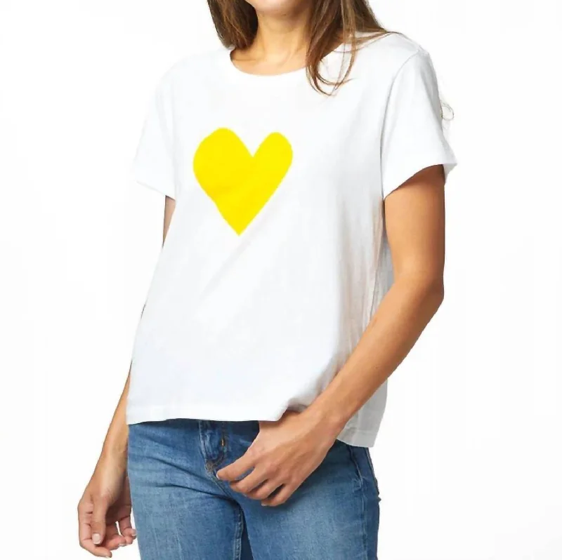 Suke Imperfect Heart Tee Top In White/yellow Rayon Fabric Velvet Fabric Corduroy Fabric