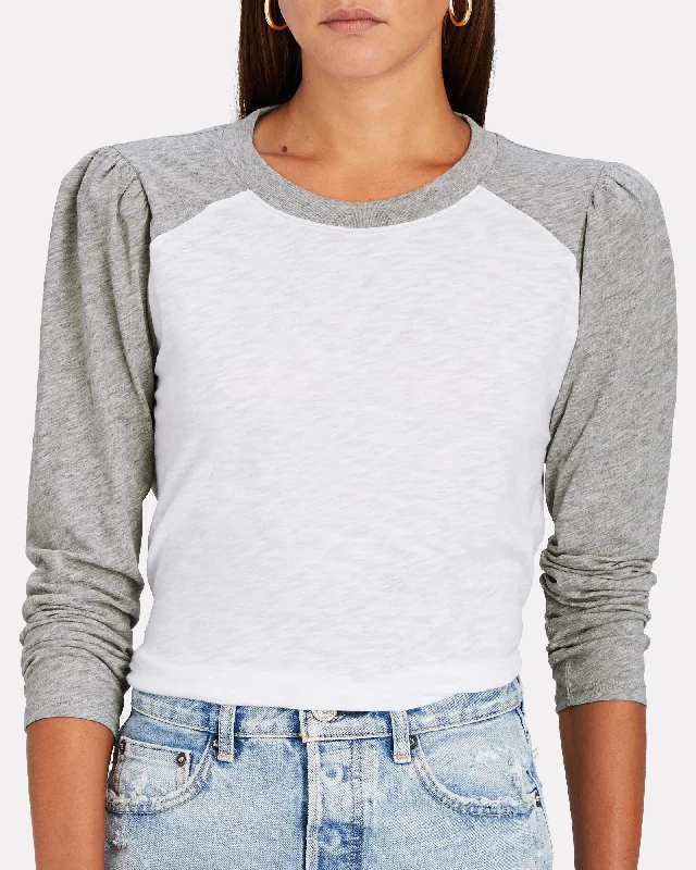 Veronica Beard Women's Mason Baseball Tee, White/Heather Grey Mesh Blend Leather Blend Suede Blend