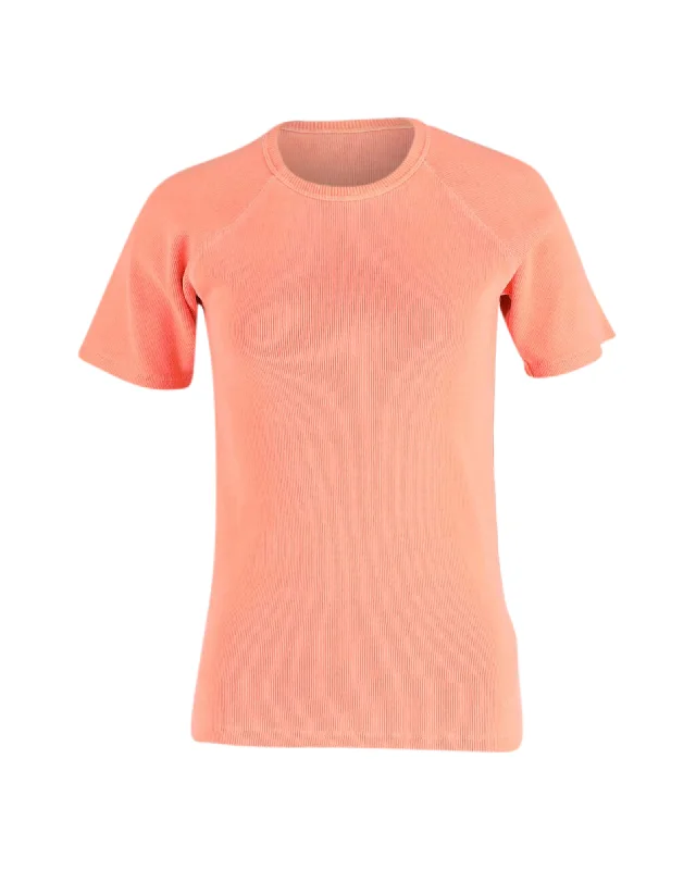 Victoria Beckham Ribbed Knit T-shirt in Coral Orange Cotton Real Fur Shearling Chenille