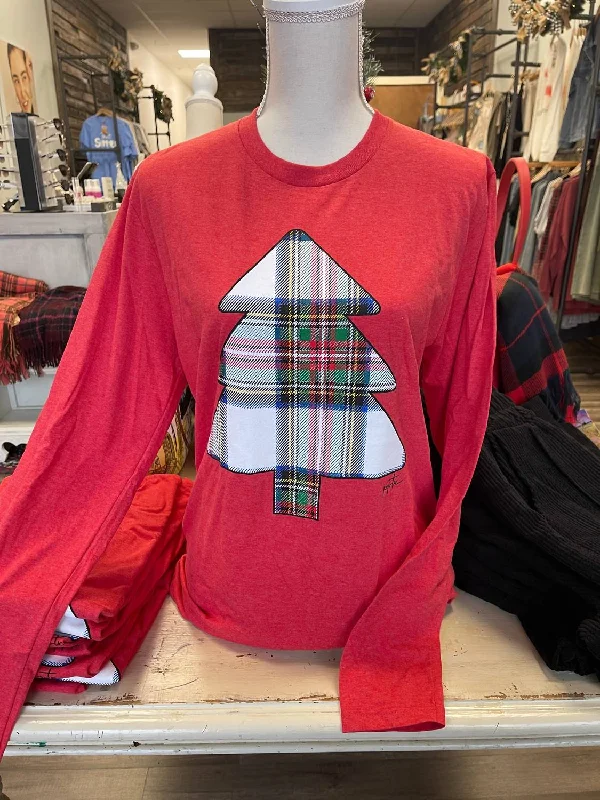 Women's Plaid Tree Longsleeve Tee In Red Elegant Classic Vintage