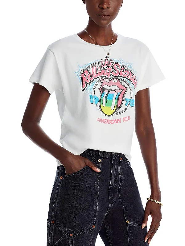 Womens Rolling Stones Crewneck Graphic T-Shirt Spandex Blend Rayon Blend Denim Blend