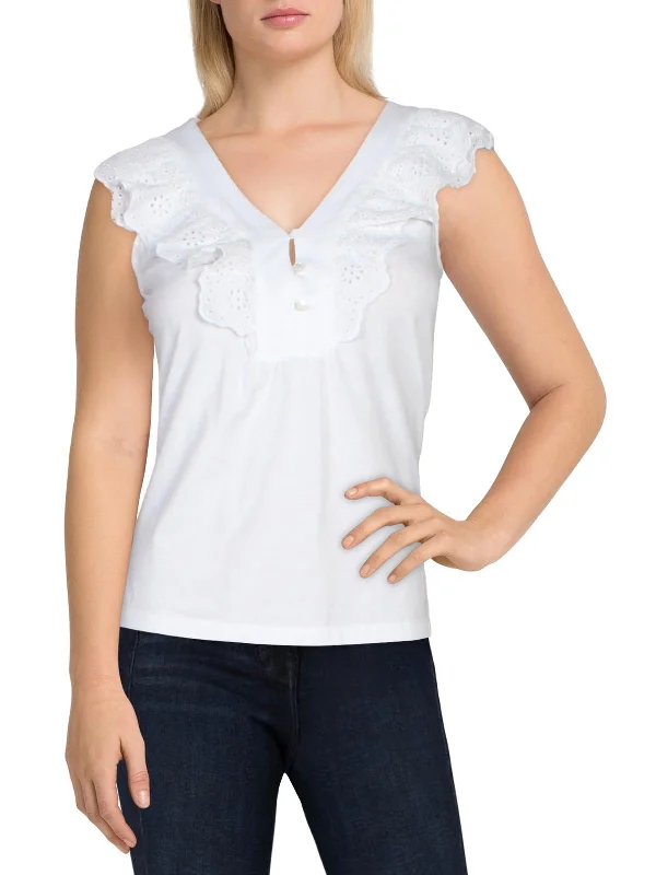 Womens Ruffled Eyelet T-Shirt Terry Blend Velvet Blend Canvas Blend