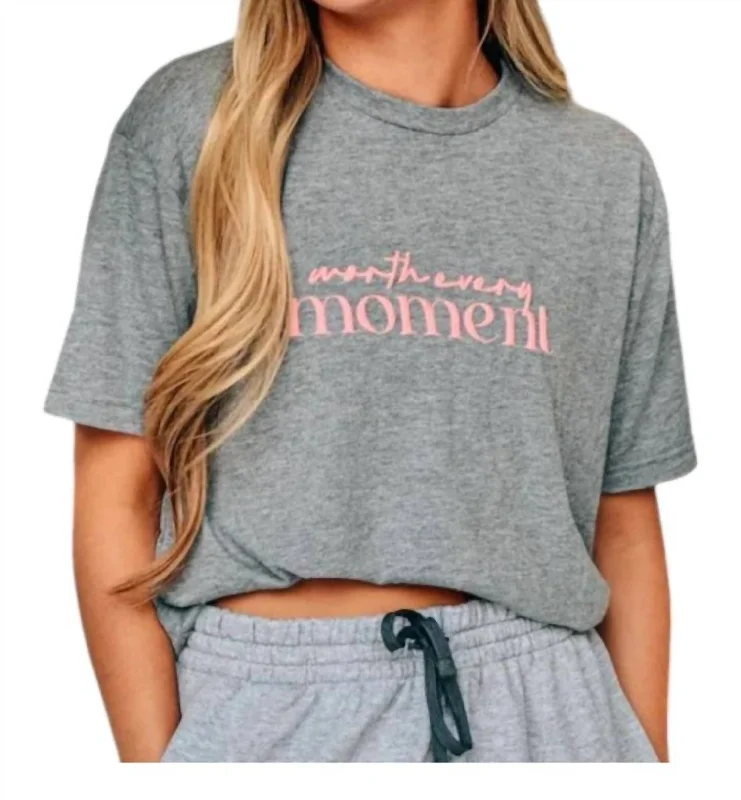 Worth Every Moment Tee In Grey Solid Print Embellished