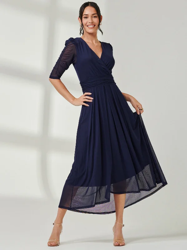 Aneissa Ruched Sleeve Mesh Maxi Dress, Navy Classic Strapless Maxi Dress