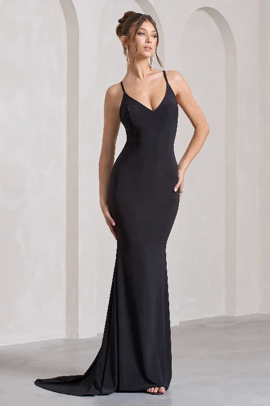 Lucky Number | Black Cross Back Maxi Dress Stylish Off-Shoulder Maxi Dress