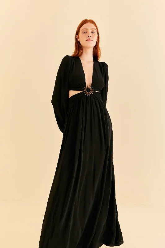 Black Cut Out Long Sleeve Maxi Dress Stylish Off-Shoulder Maxi Dress