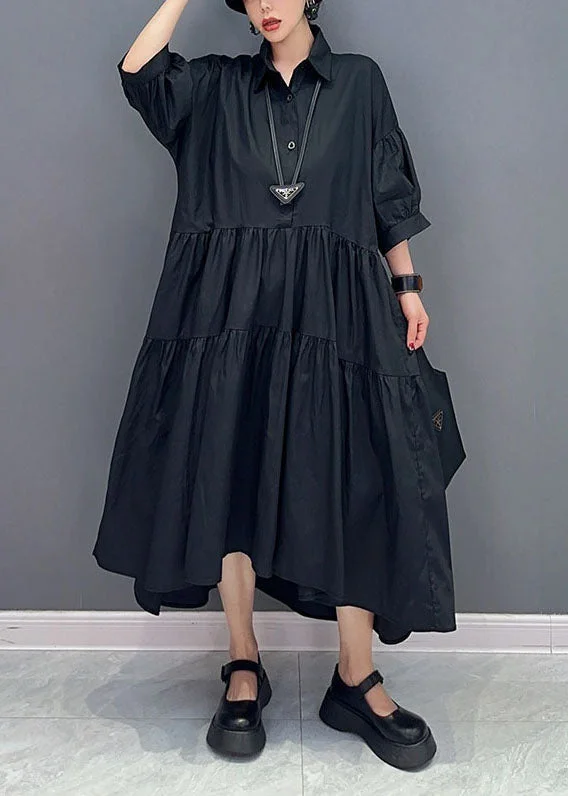 Black Patchwork Cotton Maxi Dresses Oversized Exra Large Hem Summer Elegant Maxi Dress with Belt