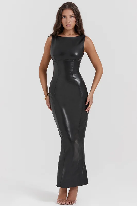 Black Plain Leather Maxi Dress Casual Maxi Dress with Pockets