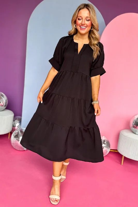 Black V Neck Tucked Short Sleeve Tiered Maxi Dress Chic Boho Print Maxi Dress