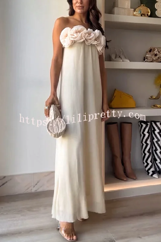 Blooming Chic Flower Applique Elastic Off Shoulder Strapless Maxi Dress Chic Off-Shoulder Maxi Dress