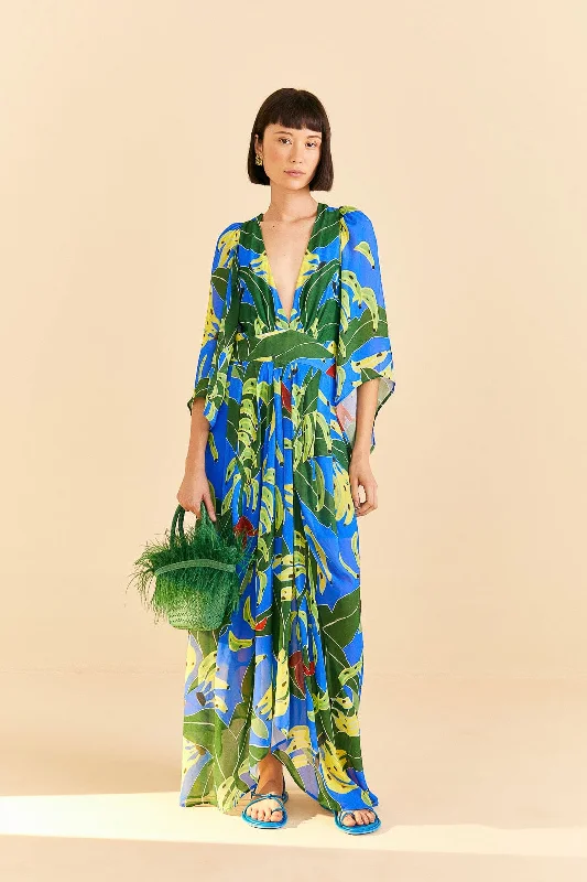 Blue Banana Leaves Maxi Dress Elegant Maxi Dress with Pockets