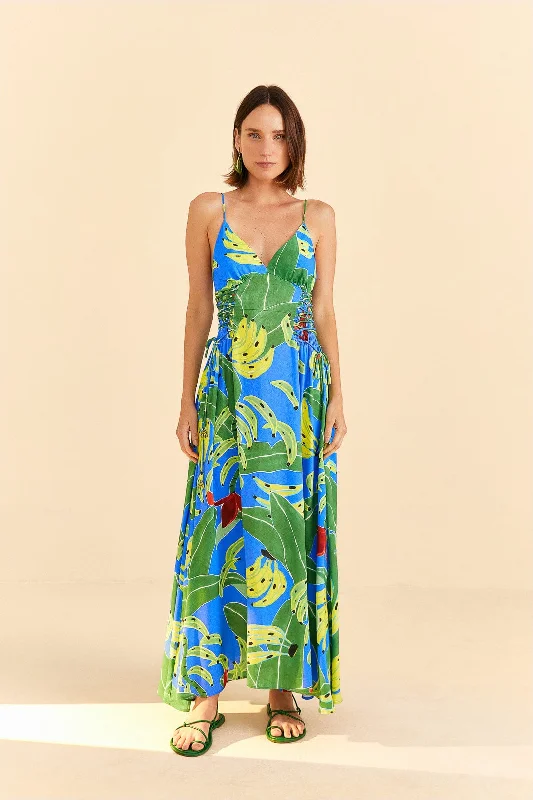 Blue Banana Leaves Sleeveless Maxi Dress Fashionable Chiffon Tiered Maxi Dress