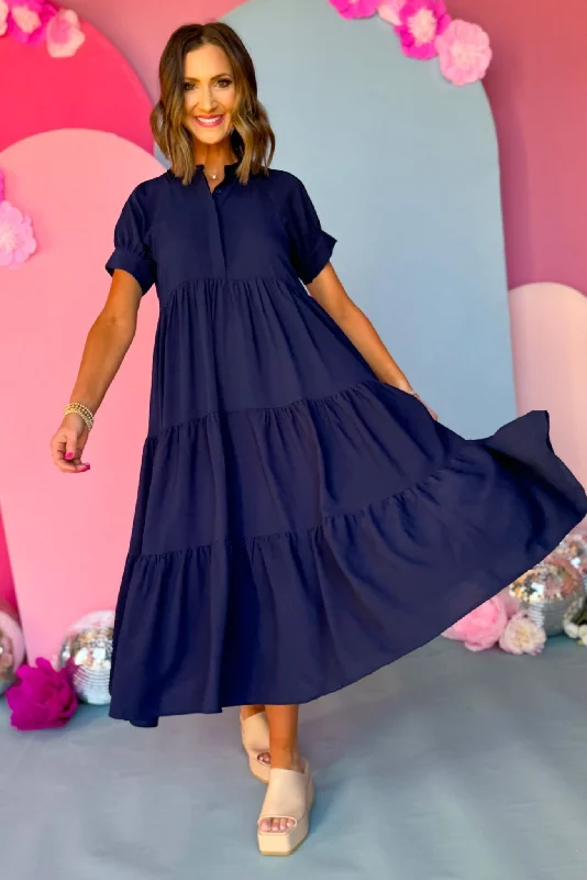 Blue Button Front Tiered Short Sleeve Maxi Dress Stylish Boho Chic Maxi Dress