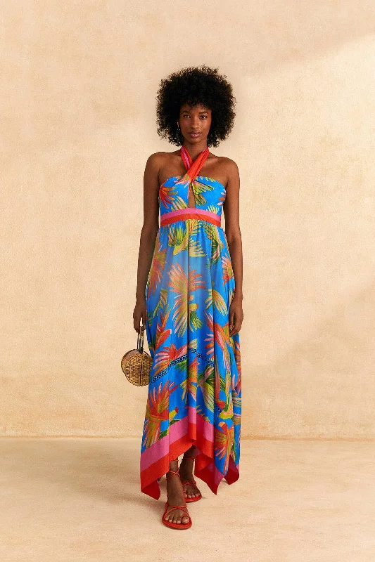 Blue Painted Birds Maxi Dress Chic Off-Shoulder Maxi Dress