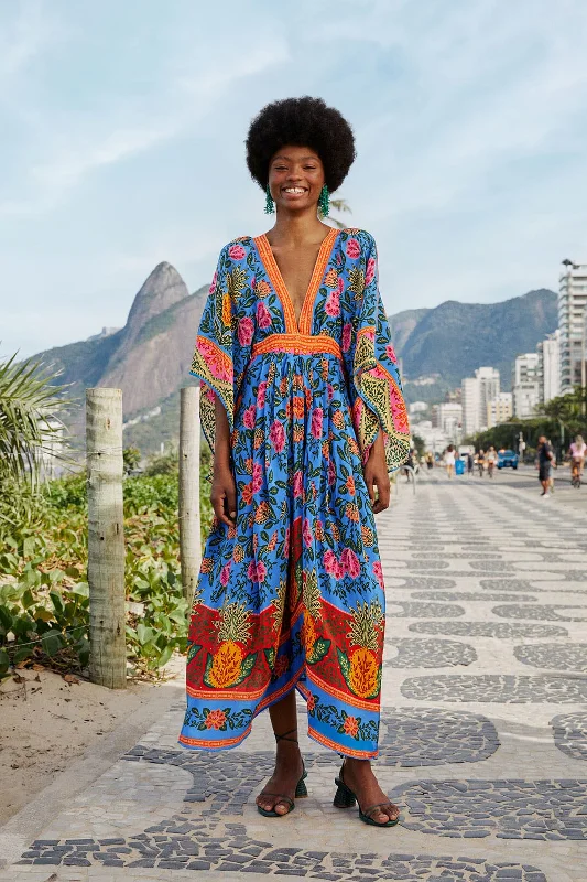 Blue Pineapple Garden Kaftan Maxi Dress Trendy Ruffled Maxi Dress