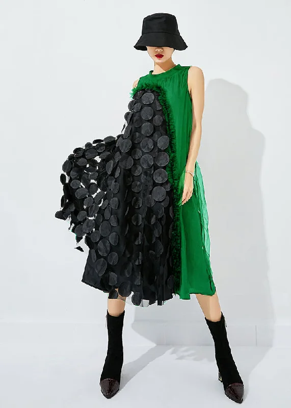 Bohemian Light Green-Black Dot Asymmetrical Patchwork Wrinkled Tulle Maxi Dress Sleeveless Fashionable Asymmetrical Maxi Dress