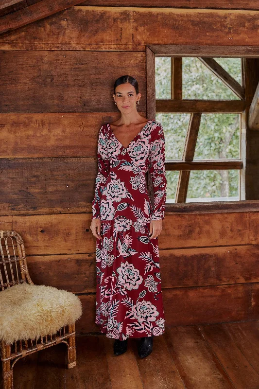 Burgundy Pineapple Inspiration V Neck Maxi Dress Trendy Printed Maxi Dress
