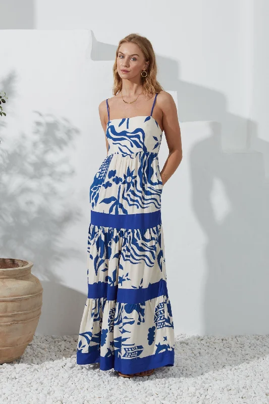 Cali Blue Abstract Contrast Tiered Maxi Dress Trendy Short Sleeve Maxi Dress
