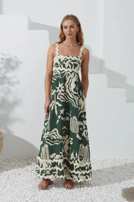 Cali Green Abstract Ric Rac Maxi Dress Stylish Long Sleeve Maxi Dress
