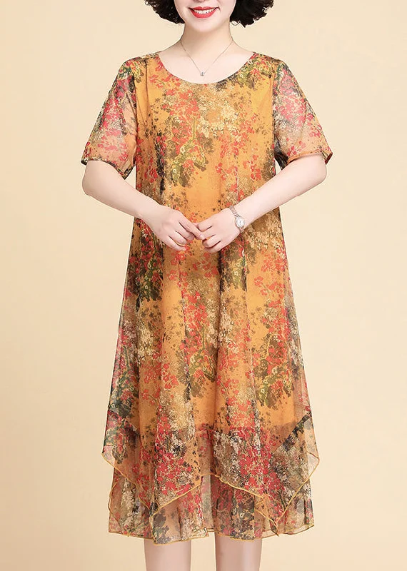 Casual Yellow Print Chiffon Maxi Dress Summer Trendy A-Line Maxi Dress