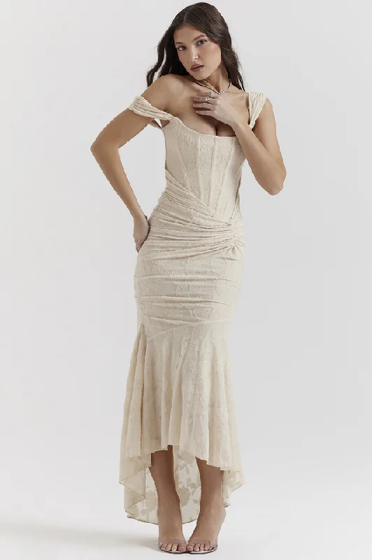 Cesca Retro Cream White Floral Maxi Dress Comfortable Bohemian Maxi Dress