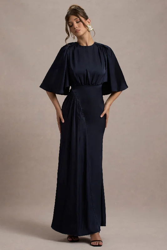 Cinder | Navy Satin Gathered Maxi Dress Fashionable Button-Down Maxi Dress