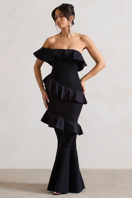 Cinematic | Black Bardot Ruffled Fishtail Maxi Dress Comfortable Casual Maxi Dress