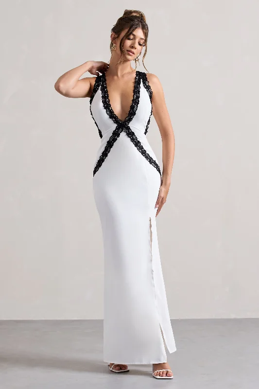 Cirilla | White Plunge-Neck Split Maxi Dress With Lace Detail Elegant Sleeveless Maxi Dress Cirilla | White Plunge-Neck Split Maxi Dress With Lace Detail Elegant Sleeveless Maxi Dress