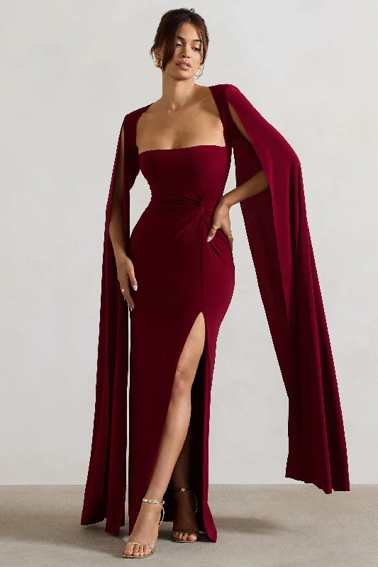 Claretta | Berry Square Neck Twisted Maxi Dress With Cape Sleeves Elegant Pleated Maxi Dress