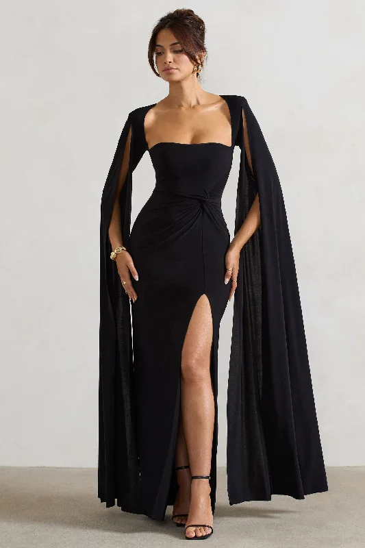 Claretta | Black Square Neck Twisted Maxi Dress With Cape Sleeves Cozy Cold-Shoulder Maxi Dress