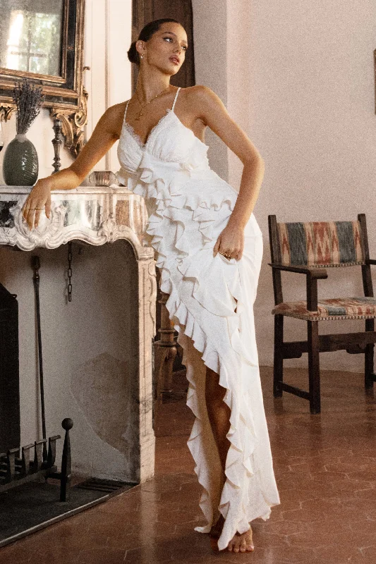 Clematis | White Lace Strappy Ruffled Maxi Dress Stylish Boho Chic Maxi Dress