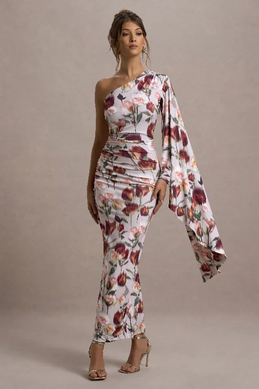 Clementina | Cream Floral Print Asymmetric Cape Sleeve Maxi Dress Trendy Satin Maxi Dress