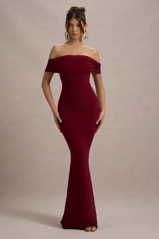Cloe | Berry Bardot Maxi Dress Trendy Short Sleeve Maxi Dress