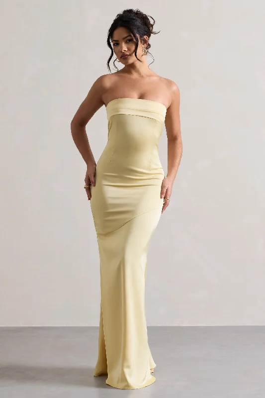 Colada | Lemon Satin Pleated Bandeau Maxi Dress Elegant Maxi Dress with Slit