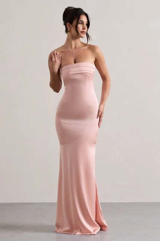 Colada | Pink Satin Pleated Bandeau Maxi Dress Trendy Maxi Dress with Bow