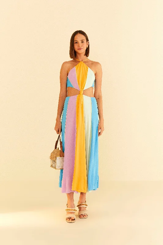 Color Blocking Sleeveless Maxi Dress Stylish Pleated A-Line Maxi Dress