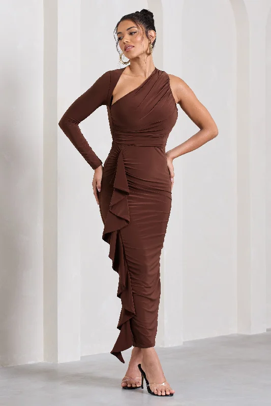 Compass | Brown One-Sleeved Cut-Out Maxi Dress With Ruffle Cozy Maxi Dress with Slit