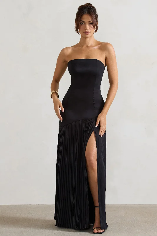 Confidence | Black Satin Bandeau Pleated Split Maxi Dress Fashionable Open-Back Maxi Dress