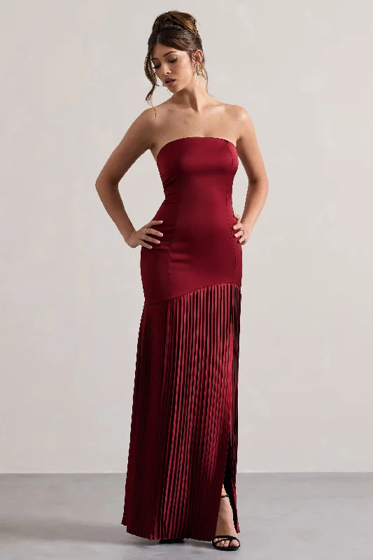 Confidence | Burgundy Satin Bandeau Pleated Split Maxi Dress Trendy Off-Shoulder Ruffle Maxi Dress