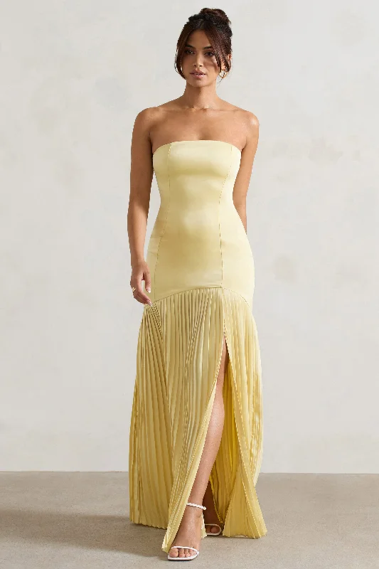 Confidence | Lemon Satin Bandeau Pleated Split Maxi Dress Trendy A-Line Maxi Dress