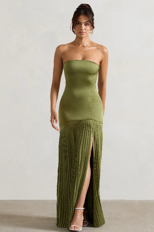 Confidence | Olive Satin Bandeau Pleated Split Maxi Dress Elegant Maxi Dress with Ruffles